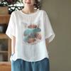 Nueva Blusa Retro de Ramio Estampada para Mujer Suéter Holgado Camisa de Lino Casual Camiseta de Manga Corta
