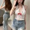 Estilo Campo Francés Estampado de Cerezas con Lazo Cuello en V Tirante al Cuello Puro Deseo Dulce Picante Sexy Espalda Descubierta Top para Mujer Verano
