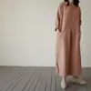 Vestido de Algodão e Linho Feminino Midi Estilo Coreano Solto Tamanho Grande Moda Bolso Grande Vestido Casual de Linho