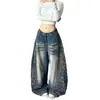 Jeans de pierna ancha para mujer de otoño/invierno, estilo retro americano transfronterizo, efecto desgastado, estampado de bambú, pierna curva, corte holgado, adelgazante, para hombre