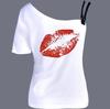 Verano transfronterizo europeo y americano Nuevo talla grande Suelto Top de mujer estampado de mariposas irregular con tirante fuera del hombro camiseta para mujer
