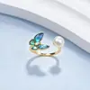 Anillo de Perla de Agua Dulce Natural de Alto Brillo para Mujer, Mariposa de Concha de Abulón de Gama Alta, Joyería de Moda Ajustable, Venta al por Mayor