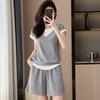 Conjunto de Falso Dos Piezas Estilo Waffle para Mujer, Atuendo de Moda Petite, Conjunto Deportivo de Dos Piezas con Shorts de Manga Corta Adelgazantes para Verano