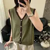 Colete Tricot V-Neck Cor Contrastante para Mulheres Roupa de Verão Sem Mangas Cardigan Design Versátil Solto Emagrecedor Top Camiseta