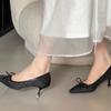 Tacones de Aguja con Tacón de Gatito Estilo Francés 2026 Principios de Primavera Moño Lunares Satín Boca Baja Brillantes Pedrería Zapatos de Salón para Mujer