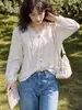 Nova Chegada de Outono: Camisa Social Branca Francesa Feminina de Manga Longa com Renda e Decote em V em Acetato Tencel, Estilo Socialite Elegante, Roupas Femininas Nanyou