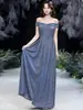 Vestido Azul Elegante de Verão com Ombro a Ombro, Lantejoulas, Cintura Fina e Saia Longa Evasê para Festas Anuais e Banquetes Noturnos