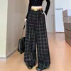 Elegante conjunto xadrez com calça wide leg para mulheres, novo estilo de outono, cintura alta, modelagem que afina, calça casual de perna reta, comprimento até o chão A13609