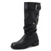Versión de piel de vaca~Botas de ante vintage de pierna ancha plisadas que ocultan la carne, botas vaqueras planas de puntera redonda con hebilla de cinturón para mujer
