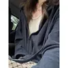 Sudadera con capucha y cremallera azul marino para mujer, nuevo estilo Otoño 2026, chaqueta corta casual estilo perezoso, top entallado de manga larga