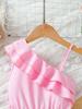 Vestido Novo de Verão para Meninas Rosa Bordado com Flores Malha Vestido Princesa Vestido de Aniversário Saia Ombro Assimétrico Saia de Alça