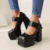 Zapatos de Plataforma 43 Punta Cuadrada Patrón Nuevos Zapatos Gruesos Tacones Altos Primavera y Otoño Hebilla de Exportación de Bambú Talla Grande 402022 Rojo