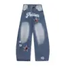 Jeans de Verano Retro Americano con Estampado de Letras y Estrellas, Diseño Rasgado de Cimitarra, Pierna Ancha Suelta Adelgazante