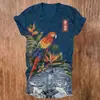 Nuevo top de cuello en V para mujer, nueva camiseta de manga corta con estampado floral y de pájaros estilo chino, diseño único, moda nicho estilo coreano ajustada para chicas a la moda