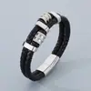 Pulseira de Corda de Couro Trançada de Dupla Trama Estilo de Negócios Europeu e Americano, Joia de Pulseira de Couro Masculina com Contas de Aço Inoxidável Punk