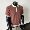 Estilo Riqueza Antigua Prendas de Punto para Hombre Manga Corta Gama Alta Cuello Solapa Cremallera Casual de Negocios Camiseta Top