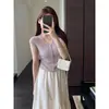 Desgastar un "cintura esbelta" pliegues laterales cintura delgada manga corta abullonada manga corta tejido de punto refrescante camiseta mujer verano nuevo H070504