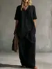 2026 Moda Casual Transfronteriza Europea y Americana para Mujer, Conjunto de Dos Piezas con Top de Manga Corta Suelto de Color Sólido con Cuello en V y Pantalones Largos