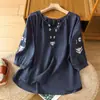 Blusa de Estilo Étnico Camisa Bordada de Algodón y Lino para Mujer Verano Bordado Grueso Cuello Redondo Mangas de Linterna Transpirable Mangas Tres Cuartos