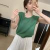 Playera Azul Sin Mangas para Mujer Verano 2025 Nueva Estilo Coreano Combinable Cuello U Suelta Elegante Suave Cera Top de Suéter