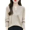 Cárdigan fino de lana para mujer de principios de otoño, cuello en V, protector de cuello, suéter de punto de manga larga, corte holgado, color liso, top exterior versátil