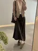 Saia midi de malha de lã e cashmere cinza para mulheres, novo estilo primavera/outono, cintura alta, corte A fluido, saia longa reta