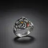 Anillo de Flor de Magnolia Hecho a Mano de Plata Pura 999 con Incrustaciones de Oro, Anillo Abierto de Plata Artístico Vintage