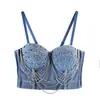 Bustier corsé estilo europeo y americano con varillas de pez, cadena de pedrería y copa incorporada, adecuado para actuaciones de hip-hop y rock, se usa sobre tirantes de mezclilla