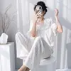 Pijama de Nuevo Estilo Primavera y Otoño con Cuadrícula de Cuatro Líneas para Mujer, Verano Talla Grande Holgado Manga Corta Pantalón Largo Conjunto de Ropa para el Hogar