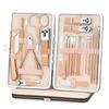 En stock Cortaúñas de acero inoxidable en oro rosa, juego de 23 piezas para manicura y pedicura, tijeras para piel muerta.