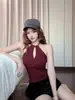 3117 # Estilo verão novo estilo hot girl regata com gola halter cruzada vazada retalhada para mulheres, corte justo com alças fixas e top acolchoado