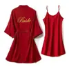 Roupão de Manhã de Casamento Feminino Noiva Madrinha Grupo Seda Gelada Pijama de Casamento Camisola Robe Vermelho Feminino Comprimento Médio Fino