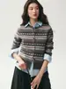 Elegante e sofisticado - Cardigã 100% caxemira com tricot Fair Isle para mulheres, apresentando gola redonda e design listrado, perfeito para usar em camadas