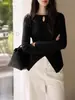 Suéter de Lana con Diseño de Cruz y Gota de Agua para Mujer, Otoño Temprano, Manga Larga, Cintura Ajustada, Top Blanco