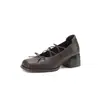 Sapatos Mary Jane Artísticos de Couro com Laço 2026 Primavera Salto Médio Grosso Bico Quadrado Couro Genuíno Tira Rasteira Sapatos Únicos para Mulheres