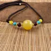 Collar Colgante Redondo de Cera de Abeja Amarilla con Aceite de Pollo Estilo Étnico para Hombres y Mujeres, Cadena de Suéter Tejida a Mano de Ámbar