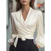 Nuevo Top de Satén con Cuello en V, Cintura de Corbata, Temperamento, para Mujer, Sitio Independiente de Amazon Europeo y Americano