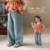Ropa infantil Nuo Mi Wanzi, jeans de pierna ancha bordados para niñas, colección de otoño, color claro, lavados, corte holgado, pantalones casual versátiles