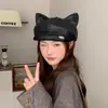 2025 Boina de Couro com Orelhas de Gato Feminina Coreana Doce Versátil Bico de Pato Chapéu Octogonal Moda Chapéu de Pintor Newsboy