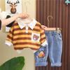 Traje de ropa de primavera para niños 2024 Nuevo Conjunto de dos piezas Polo con cabeza de oso a rayas para bebés y niños, ropa casual de moda para bebés