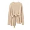 Moda Outono e Inverno Nova Malha de Caxemira Feminina Gola Redonda Cinto Assimétrico Casual Malha Feminina