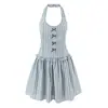 Estilo Europeo y Americano Sexy Cuello en U Estampado de Rayas Lazo Cuello Halter Vestido Camiseta Verano Ajustado Delgado Chica Caliente Vestido Corto para Mujeres