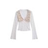 Camiseta corta de malla con escote en V profundo y mangas abullonadas para mujer, estilo europeo y americano, con perspectiva de viento, entallada, en contraste de colores claros y maduros.
