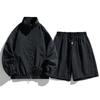 2025 Explosões Verão Cor Sólida Gola Conjunto Esportivo de Duas Peças Masculino Bonito Japonês Fino Manga Longa Shorts Calças Comprimento Médio