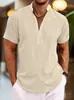 Camisa Masculina de Manga Curta Estilo Europeu e Americano para o Verão, Camisa Masculina Meio Aberta de Cor Pura com Gola Alta, Manga Curta de Linho