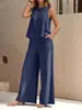 Conjunto de Dos Piezas para Mujer de Venta Caliente Transfronteriza 2026: Conjunto de Chaleco sin Mangas de Cuello Redondo y Pantalones de Pierna Ancha, Casual Versátil de Color Sólido