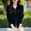 Cárdigan de lana de punto fino con cuello alto, doble cremallera, bolsillos falsos, para mujer, otoño e invierno, chaqueta de punto versátil de alta gama