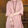 Nuevo top de algodón y lino estilo chino de longitud media con cuello mao y cierre de botones, nueva prenda versátil de verano para mujer, holgada y vintage