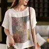 Nuevo Top Retro de Algodón Lino Lavado con Piedra Estampado de Verano para Mujer, Suéter Holgado de Manga Corta, Camiseta Casual Capa Base