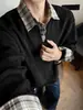 Moletom Old Money Falso Duas Peças com Padrão Espiga de Trigo para Homens, Outono Retrô Americano Manga Longa Camada Base Tendência Solto Camisa POLO